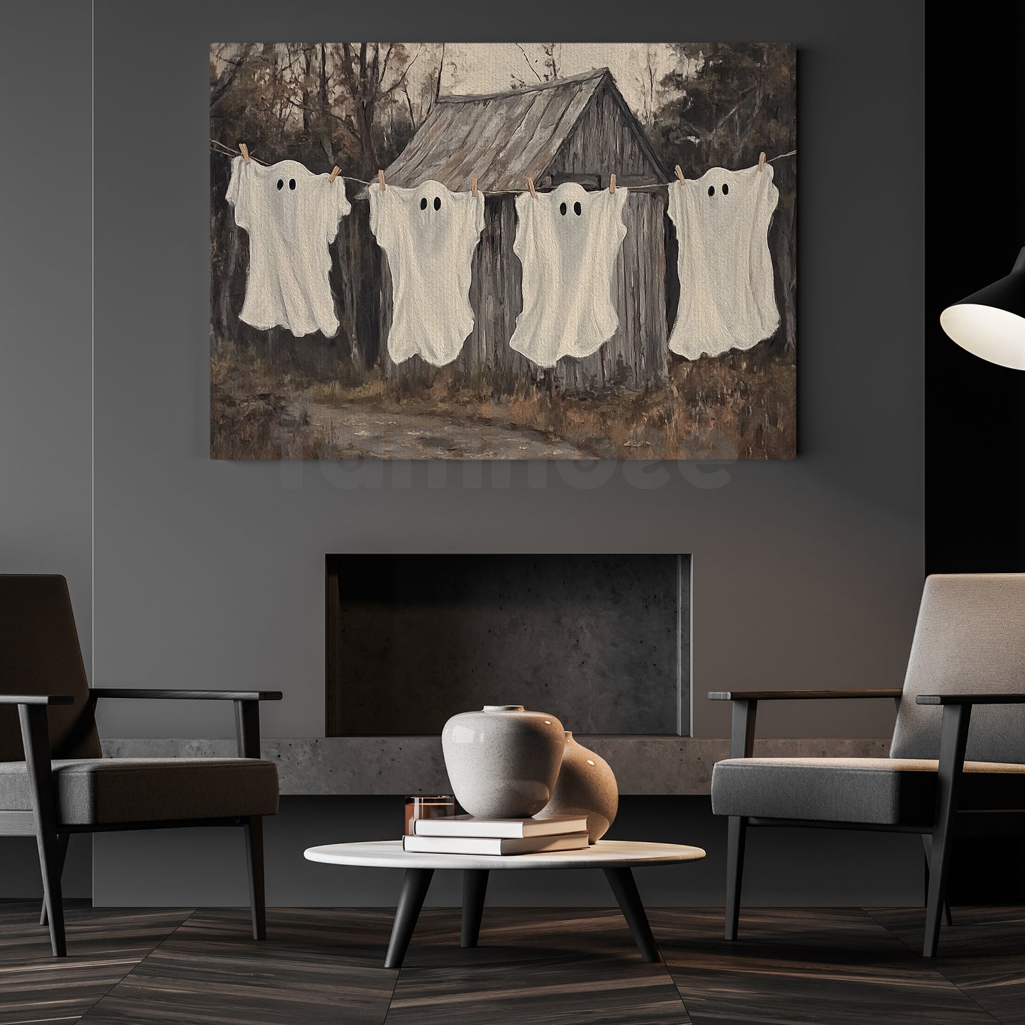 Halloween Ghost Canvas Painting, Laundry Day For Ghosts Wall Art Decor, Spooky Season Poster Gift For Ghost Lovers