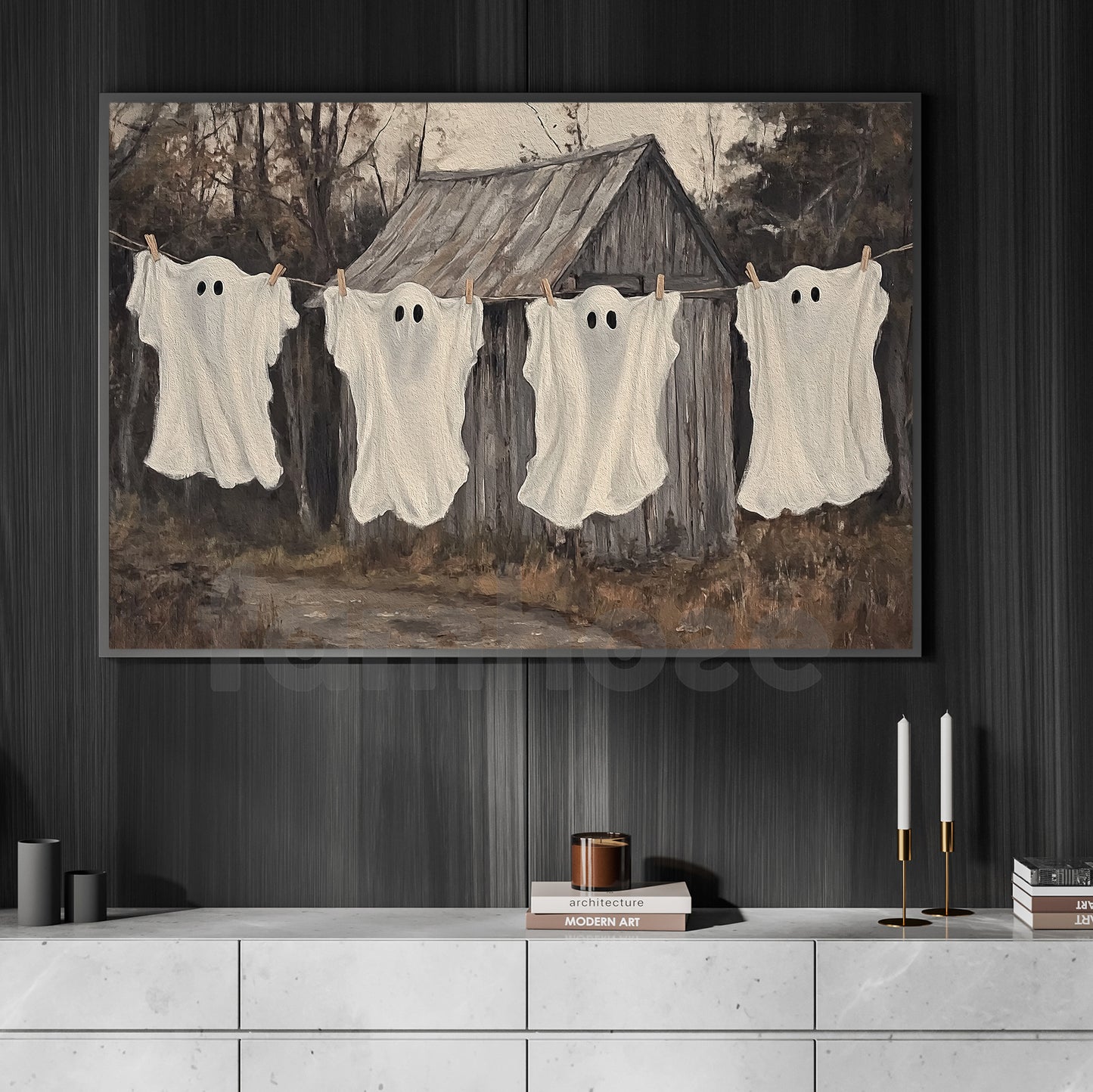 Halloween Ghost Canvas Painting, Laundry Day For Ghosts Wall Art Decor, Spooky Season Poster Gift For Ghost Lovers
