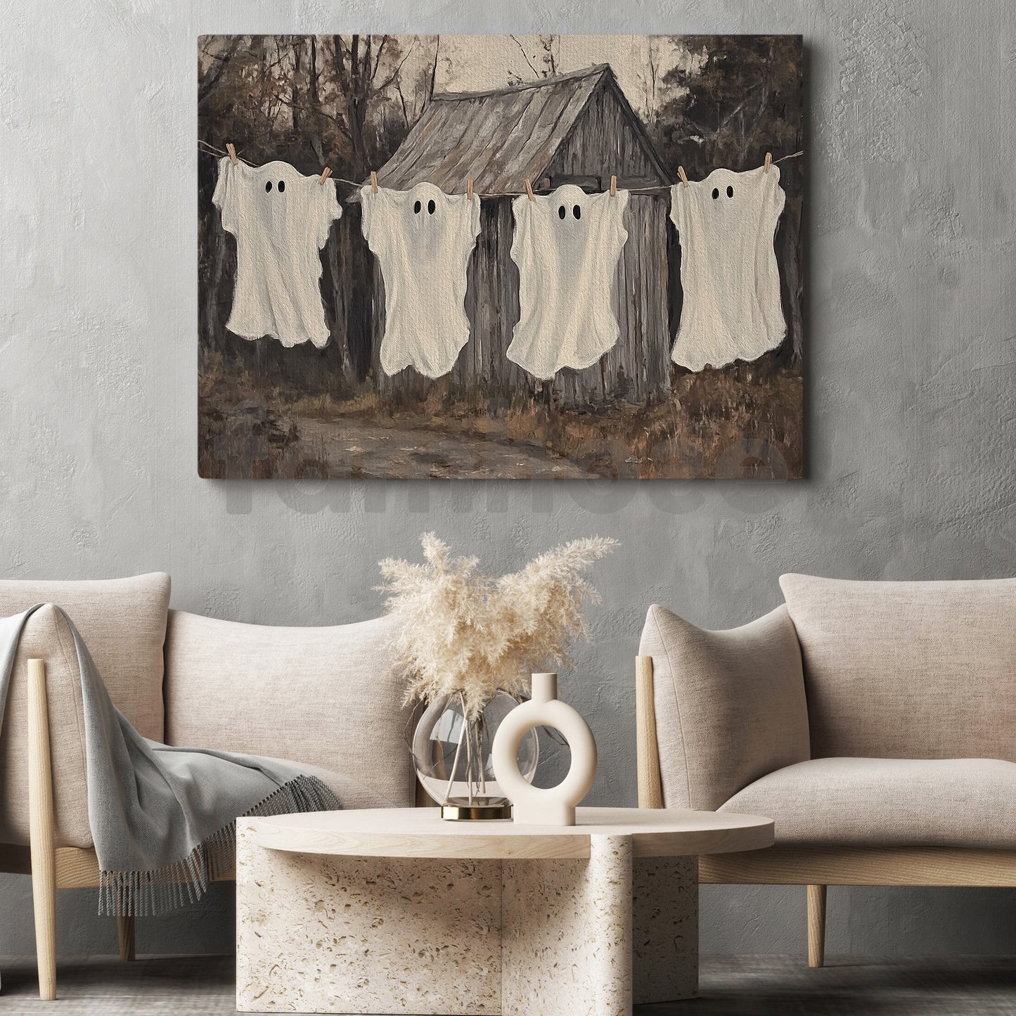 Halloween Ghost Canvas Painting, Laundry Day For Ghosts Wall Art Decor, Spooky Season Poster Gift For Ghost Lovers
