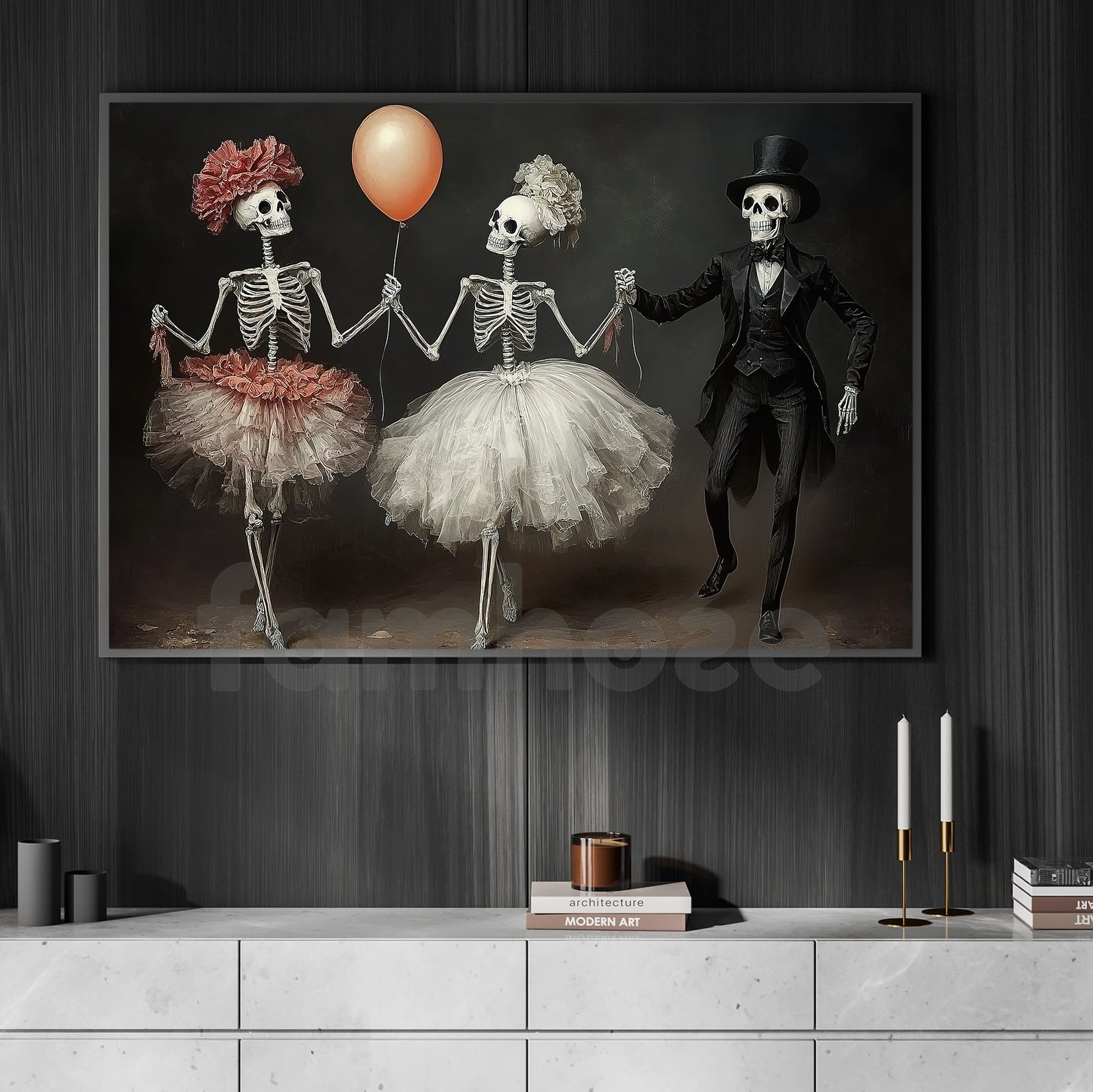 Halloween Skeleton Canvas Painting, Dance Of The Departed Wall Art Decor, Spooky Season Poster Gift For Skeleton Lovers