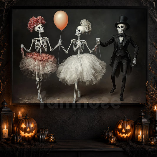 Halloween Skeleton Canvas Painting, Dance Of The Departed Wall Art Decor, Spooky Season Poster Gift For Skeleton Lovers