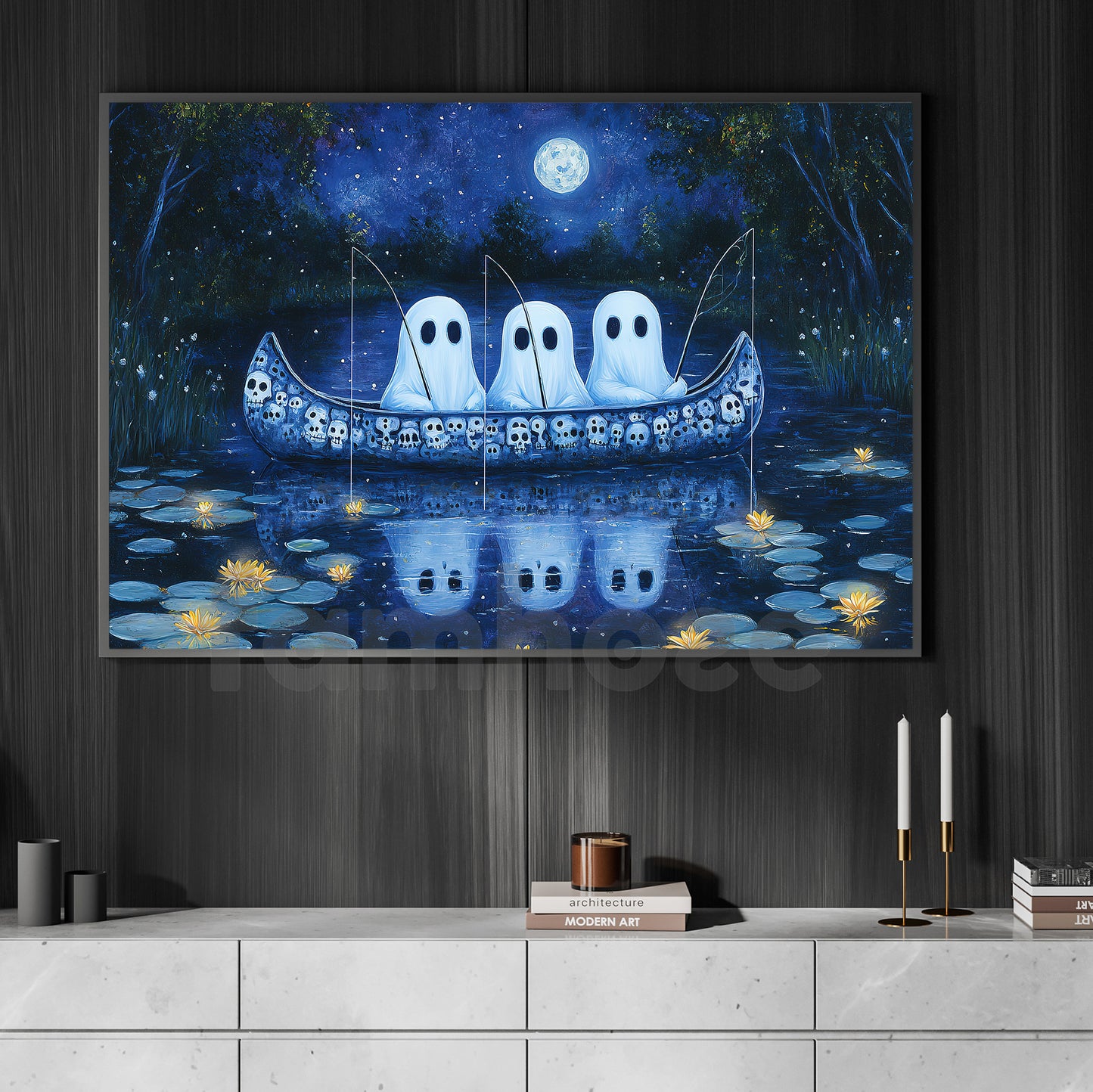 Halloween Fising Boo Canvas Painting, Phantom Fishermen Wall Art Decor, Spooky Season Poster Gift For Fisherman, Ghost Lovers