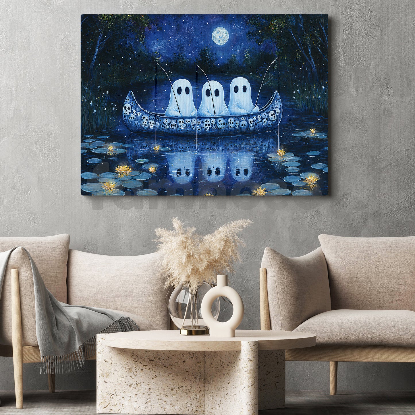 Halloween Fising Boo Canvas Painting, Phantom Fishermen Wall Art Decor, Spooky Season Poster Gift For Fisherman, Ghost Lovers