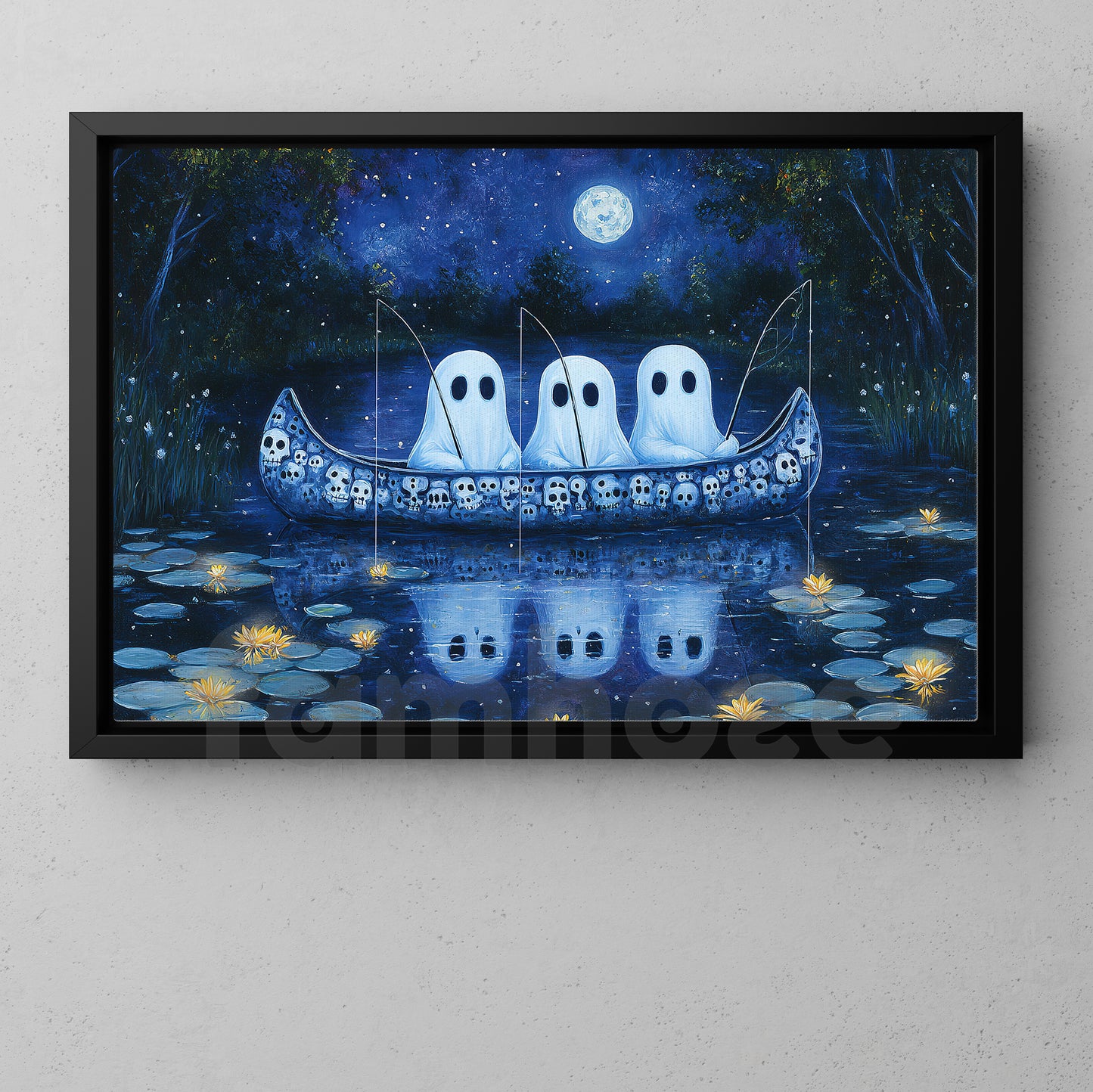 Halloween Fising Boo Canvas Painting, Phantom Fishermen Wall Art Decor, Spooky Season Poster Gift For Fisherman, Ghost Lovers