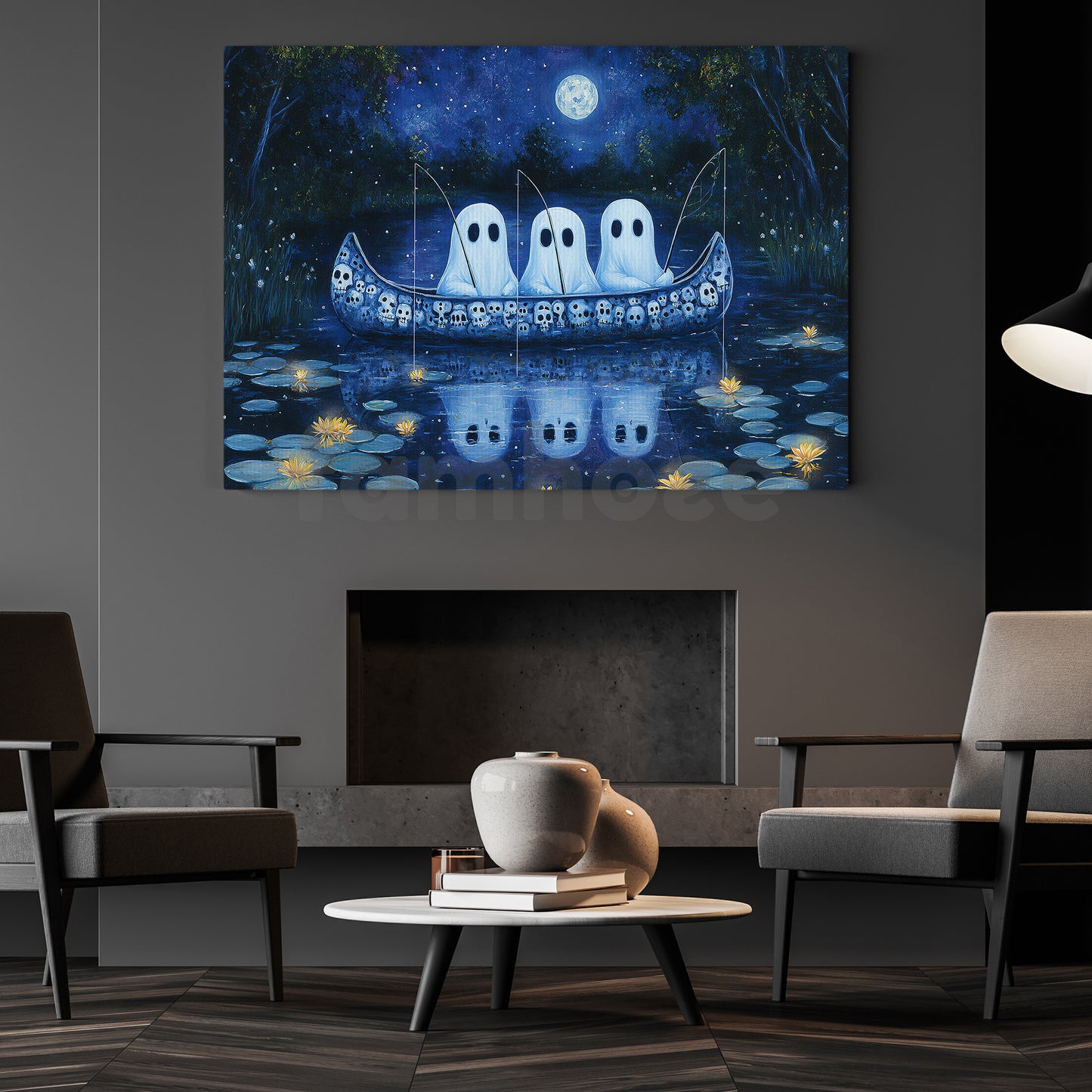 Halloween Fising Boo Canvas Painting, Phantom Fishermen Wall Art Decor, Spooky Season Poster Gift For Fisherman, Ghost Lovers