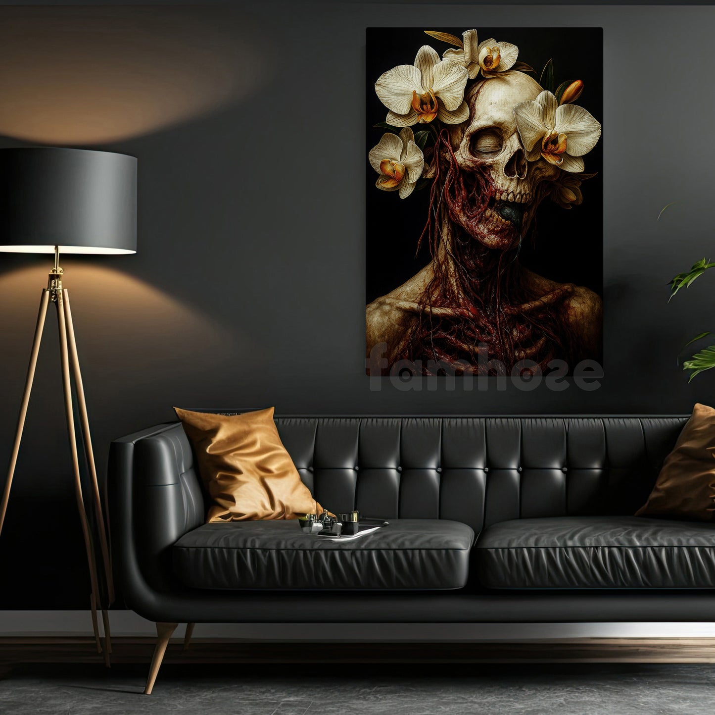 Gothic Halloween Skull Canvas Painting, Skull Portrait With Flowers Wall Art Decor, Spooky Season Poster Gift To Decor House Or Office