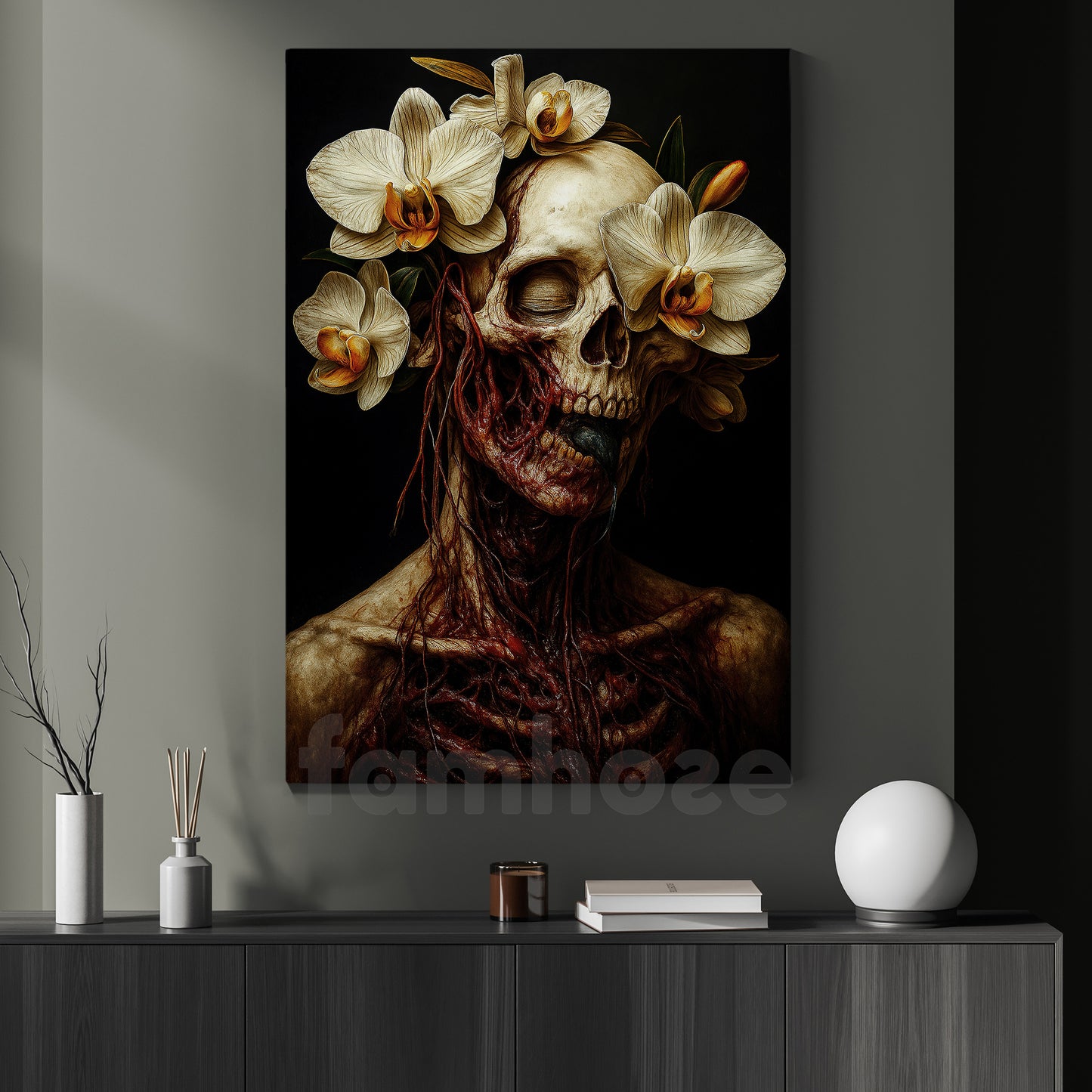 Gothic Halloween Skull Canvas Painting, Skull Portrait With Flowers Wall Art Decor, Spooky Season Poster Gift To Decor House Or Office