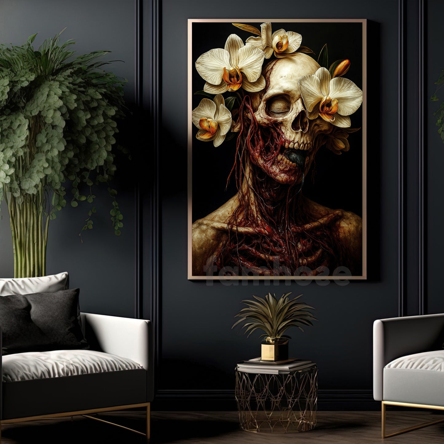 Gothic Halloween Skull Canvas Painting, Skull Portrait With Flowers Wall Art Decor, Spooky Season Poster Gift To Decor House Or Office