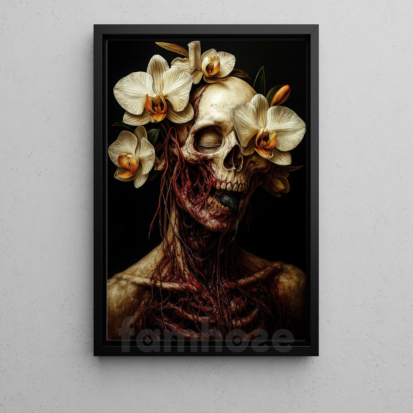Gothic Halloween Skull Canvas Painting, Skull Portrait With Flowers Wall Art Decor, Spooky Season Poster Gift To Decor House Or Office