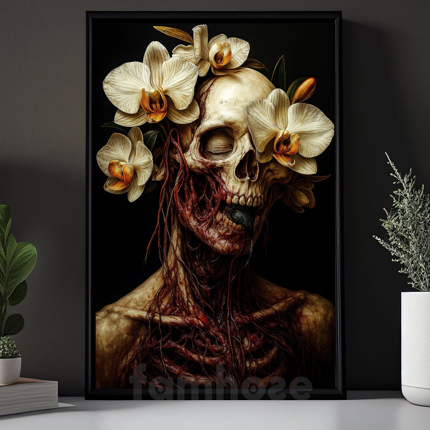 Gothic Halloween Skull Canvas Painting, Skull Portrait With Flowers Wall Art Decor, Spooky Season Poster Gift To Decor House Or Office