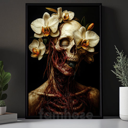 Gothic Halloween Skull Canvas Painting, Skull Portrait With Flowers Wall Art Decor, Spooky Season Poster Gift To Decor House Or Office