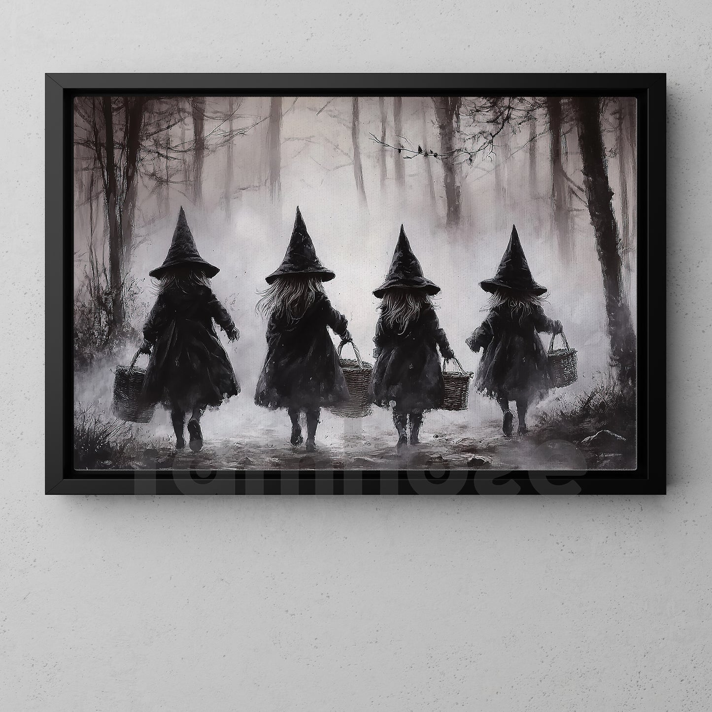 Halloween Witch Kid Canvas Painting, Witch Kids In The Forest Wall Art Decor, Spooky Season Poster Gift For Witch Lovers