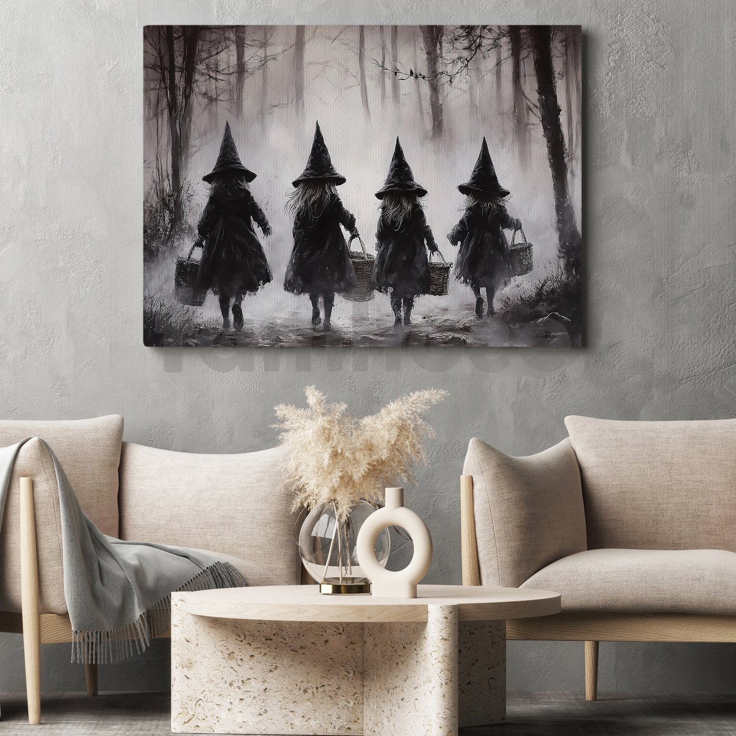 Halloween Witch Kid Canvas Painting, Witch Kids In The Forest Wall Art Decor, Spooky Season Poster Gift For Witch Lovers