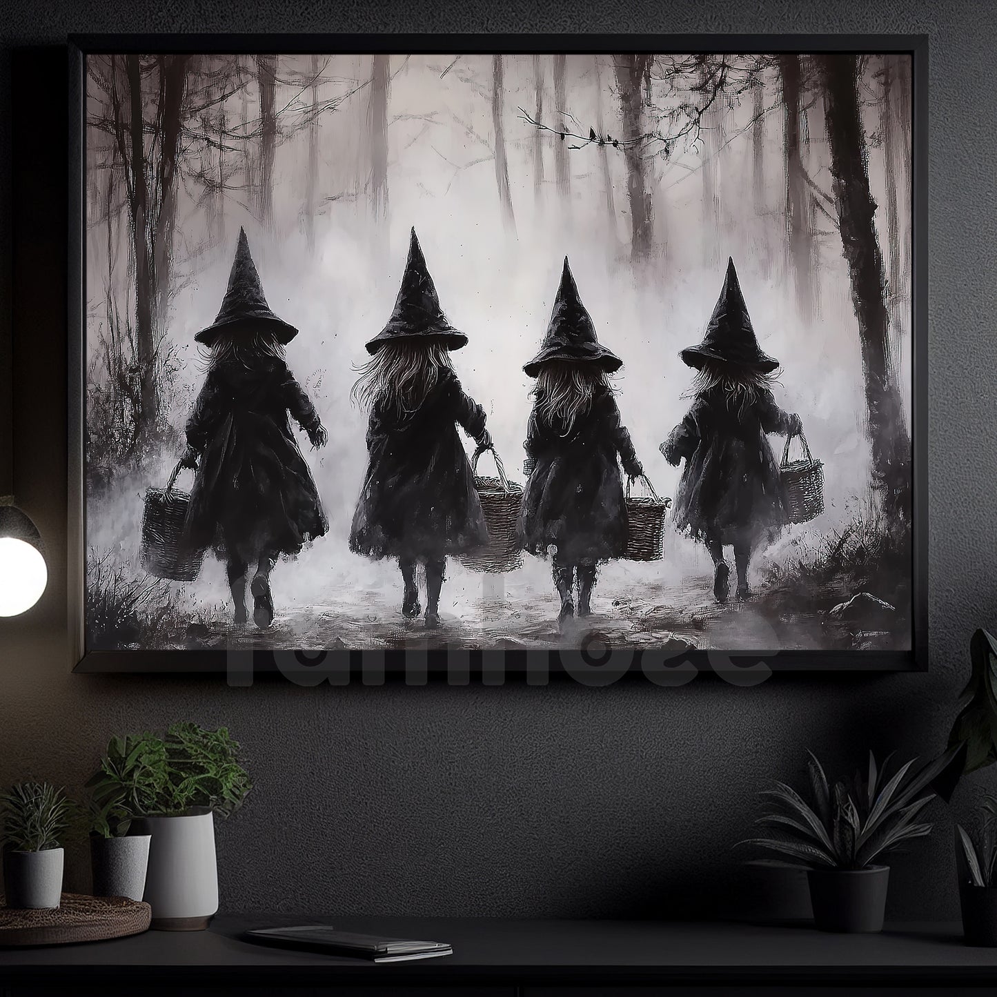 Halloween Witch Kid Canvas Painting, Witch Kids In The Forest Wall Art Decor, Spooky Season Poster Gift For Witch Lovers