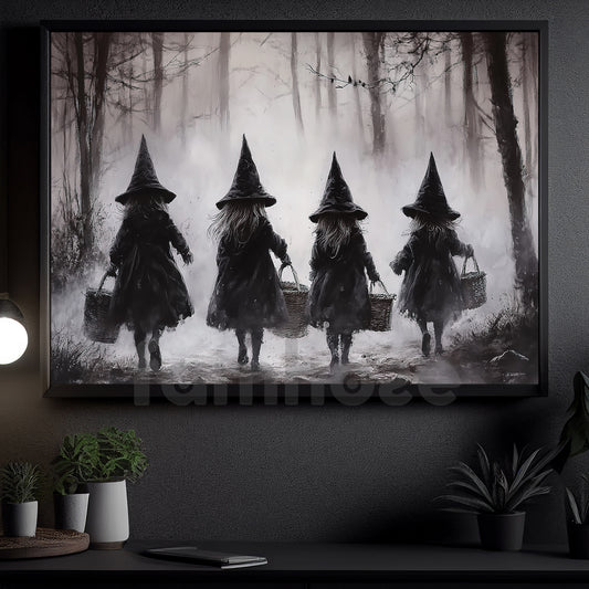 Halloween Witch Kid Canvas Painting, Witch Kids In The Forest Wall Art Decor, Spooky Season Poster Gift For Witch Lovers