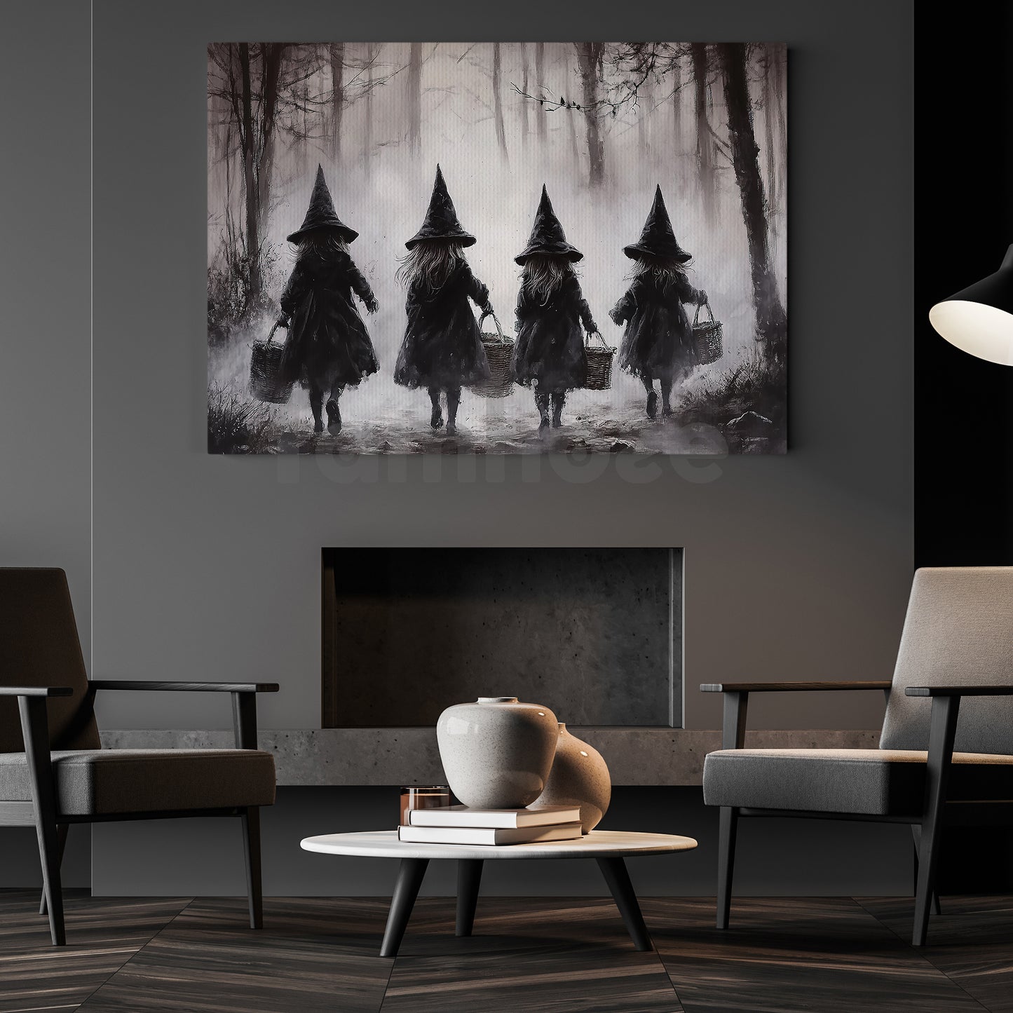 Halloween Witch Kid Canvas Painting, Witch Kids In The Forest Wall Art Decor, Spooky Season Poster Gift For Witch Lovers