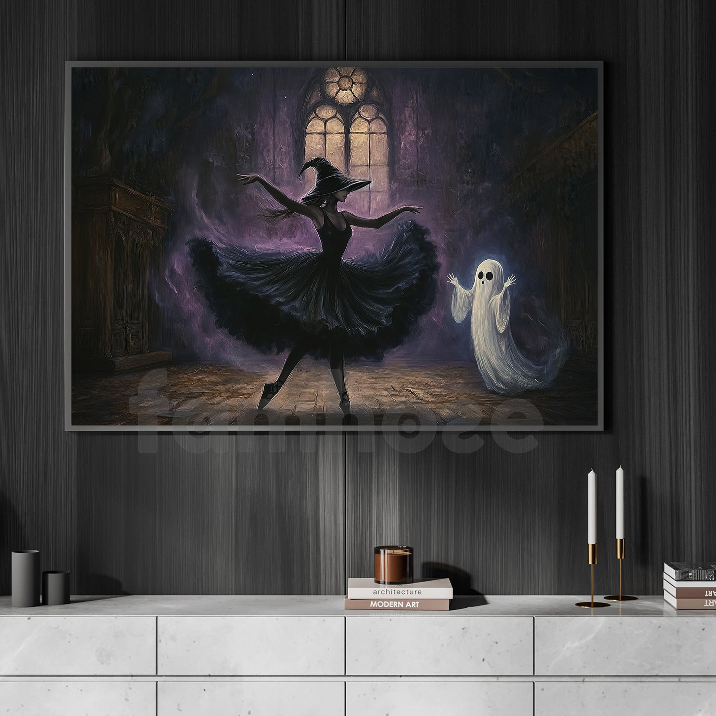Halloween Witch Ballet Canvas Painting, Phantom Ballet Wall Art Decor, Spooky Season Poster Gift For Ballet Lovers