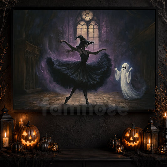 Halloween Witch Ballet Canvas Painting, Phantom Ballet Wall Art Decor, Spooky Season Poster Gift For Ballet Lovers