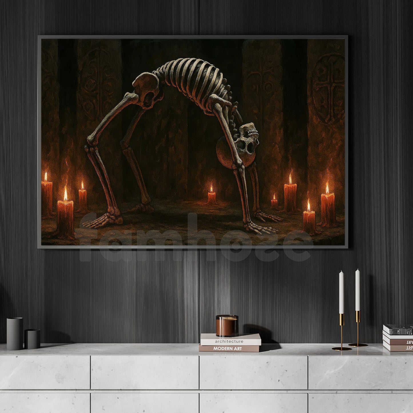 Halloween Skeleton Yoga Canvas Painting, The Undead Arch Wall Art Decor, Spooky Season Poster Gift For Yoga Lovers