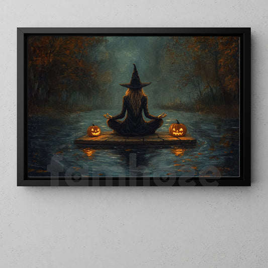 Vintage Halloween Witch Meditation Canvas Painting, Witch’s Serenity Wall Art Decor, Spooky Season Poster Gift For Meditator, Witch Lovers