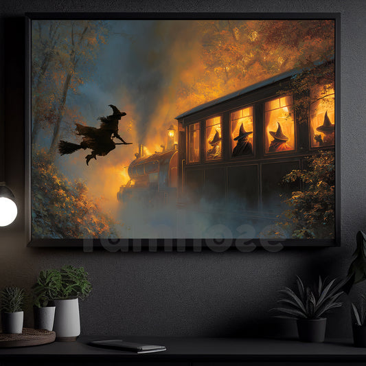 Vintage Halloween Witch Canvas Painting, Witch Train Ride Wall Art Decor, Spooky Season Poster Gift For Witch Lovers