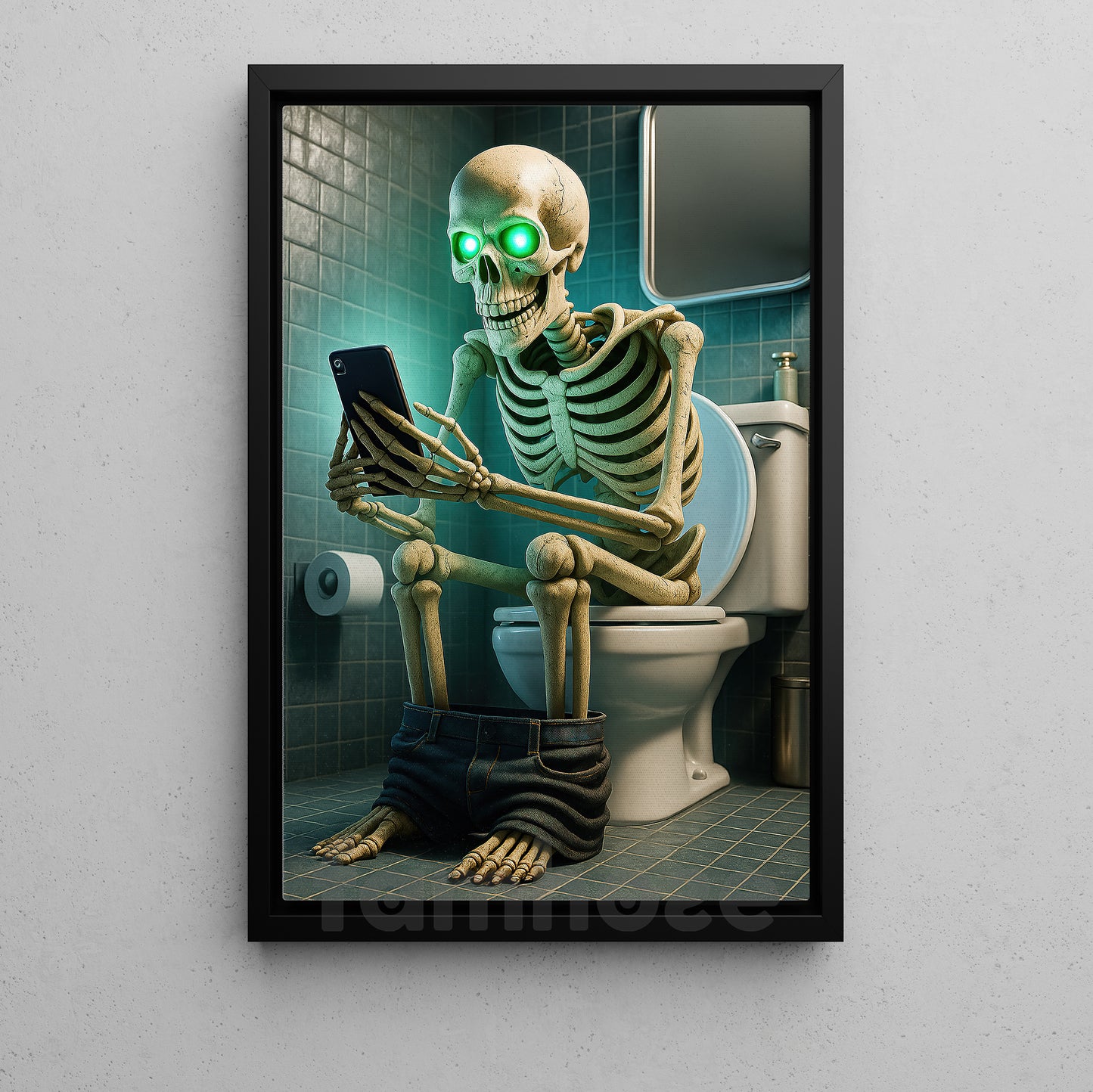 Funny Halloween Skeleton Toilet Canvas Painting, Skull & Scroll Wall Art Decor, Spooky Season Poster Gift For Skeleton Lovers