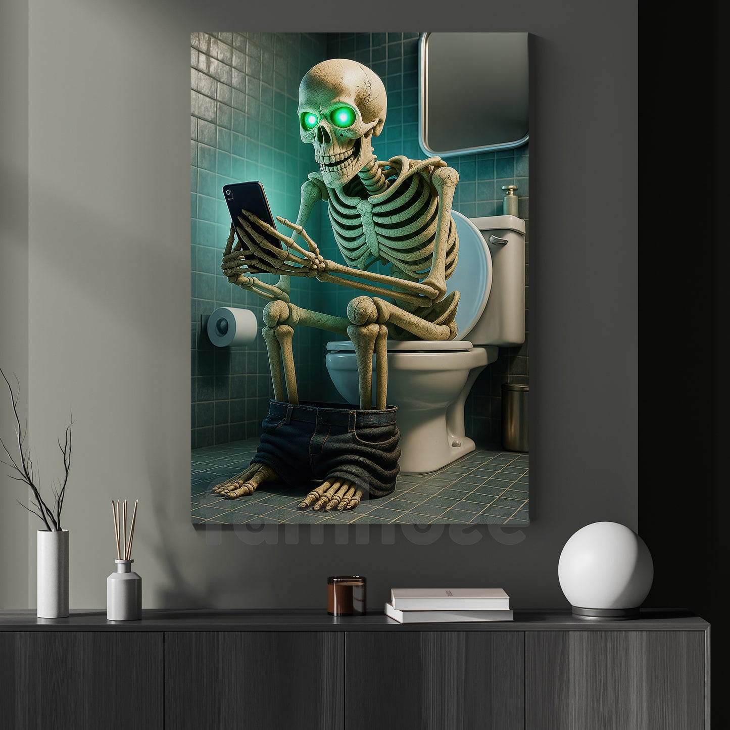 Funny Halloween Skeleton Toilet Canvas Painting, Skull & Scroll Wall Art Decor, Spooky Season Poster Gift For Skeleton Lovers