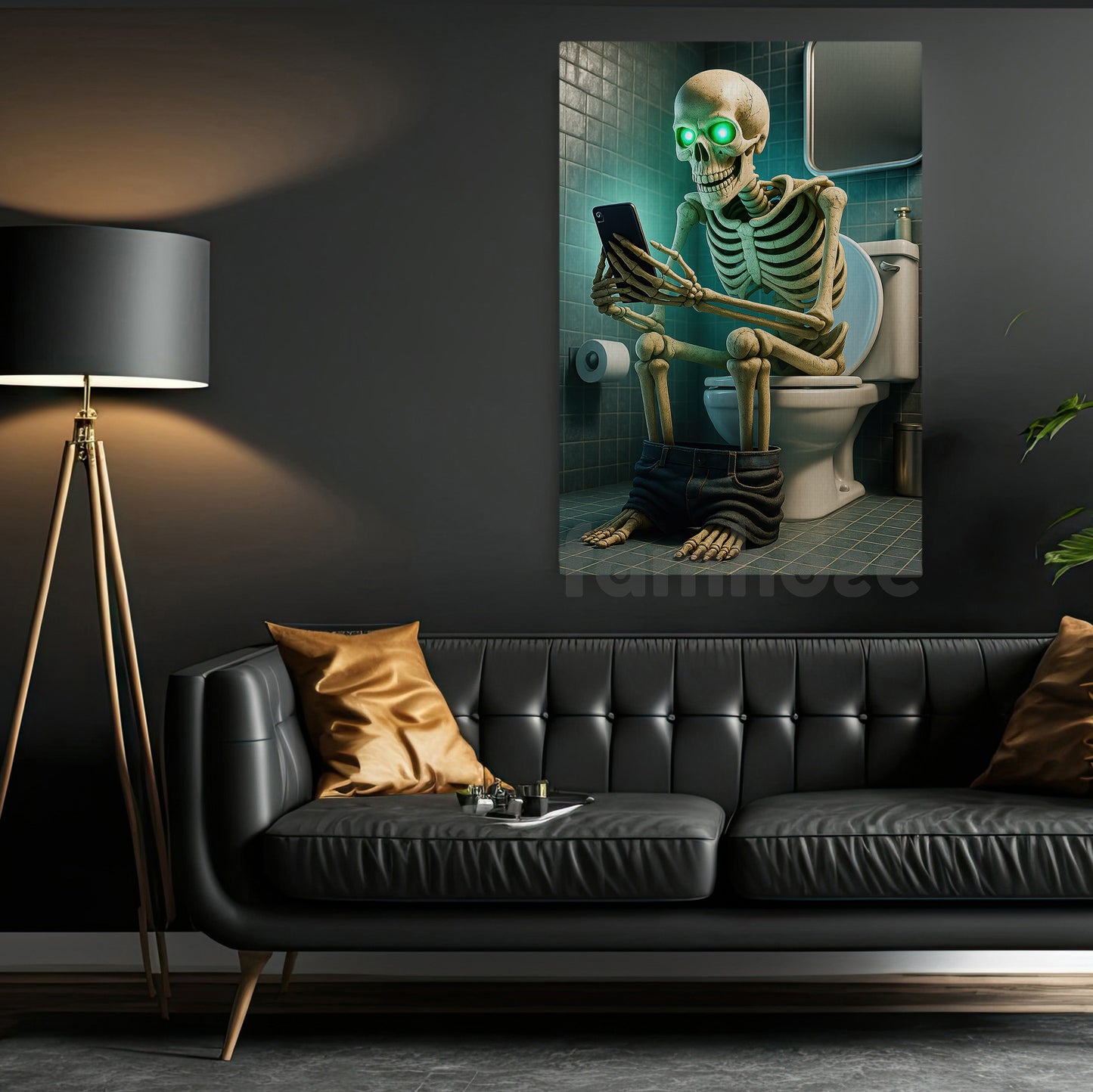 Funny Halloween Skeleton Toilet Canvas Painting, Skull & Scroll Wall Art Decor, Spooky Season Poster Gift For Skeleton Lovers