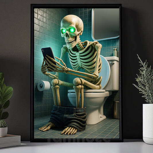 Funny Halloween Skeleton Toilet Canvas Painting, Skull & Scroll Wall Art Decor, Spooky Season Poster Gift For Skeleton Lovers