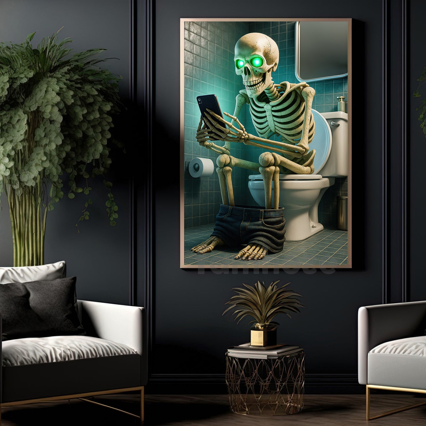 Funny Halloween Skeleton Toilet Canvas Painting, Skull & Scroll Wall Art Decor, Spooky Season Poster Gift For Skeleton Lovers