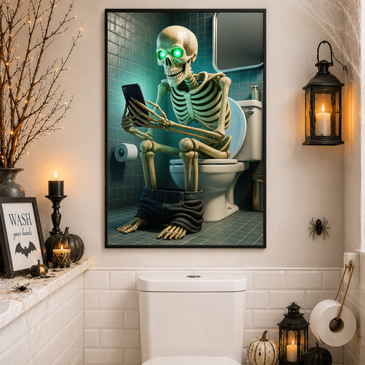 Funny Halloween Skeleton Toilet Canvas Painting, Skull & Scroll Bathroom Wall Art Decor, Spooky Season Restroom Poster Gift For Skeleton Lovers
