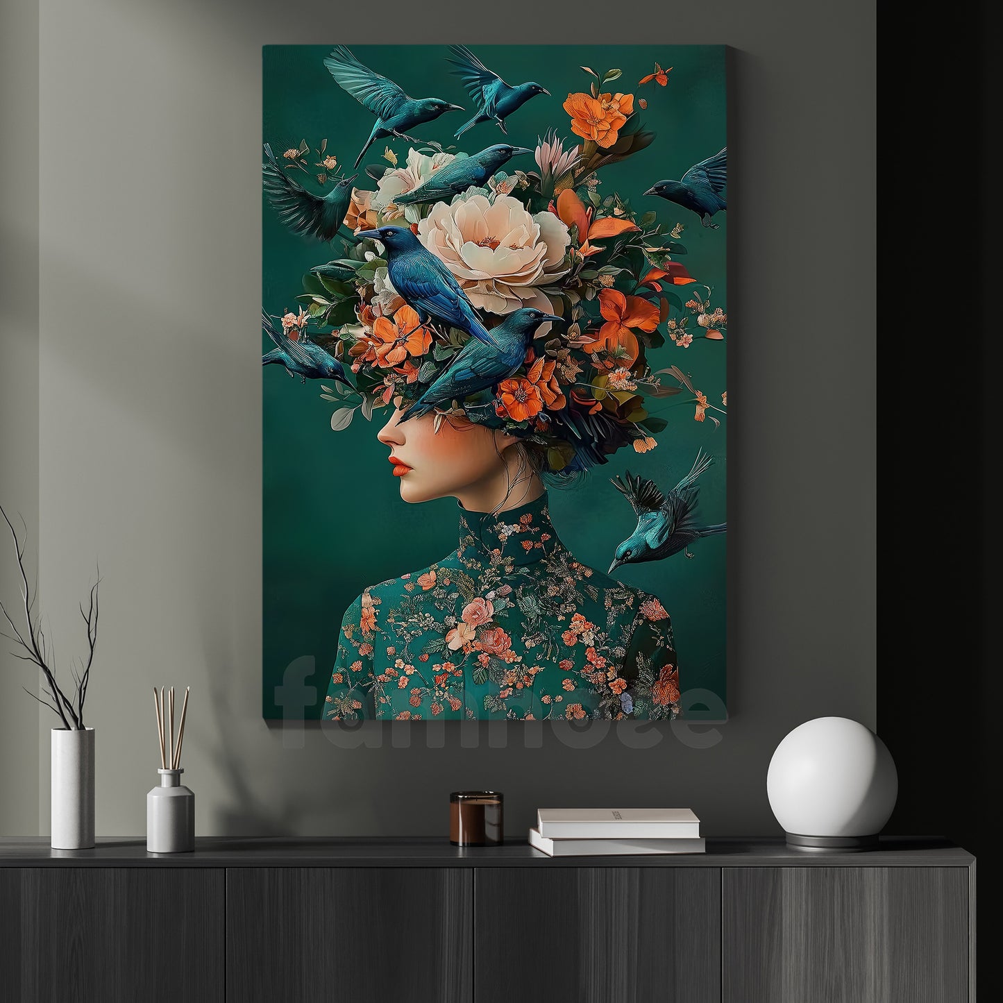 Mystical Canvas Painting, Floral Crowned Lady Wall Art Decor, Poster Gift To Decor House Or Office