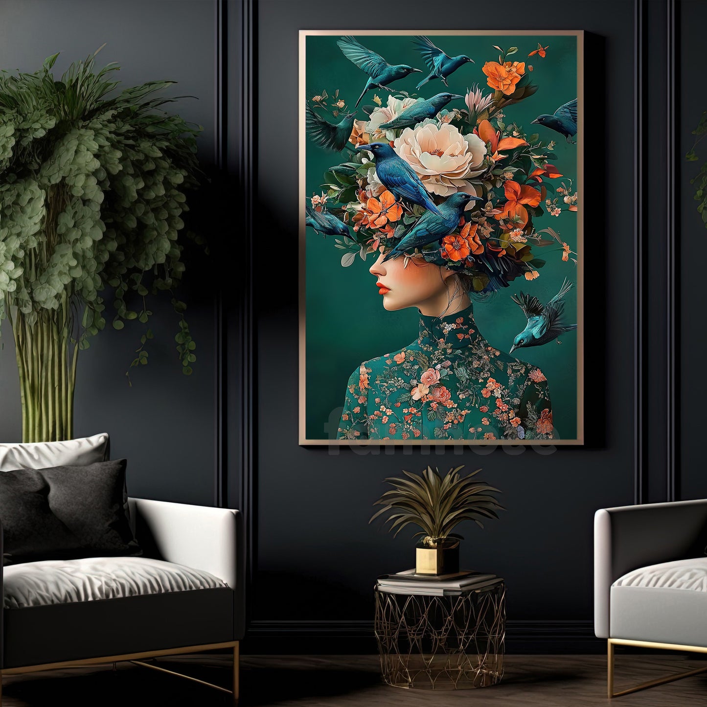Mystical Canvas Painting, Floral Crowned Lady Wall Art Decor, Poster Gift To Decor House Or Office