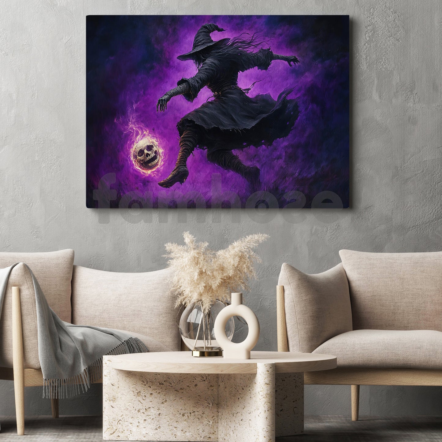 Halloween Witch Soccer Canvas Painting, Witch’s Kick Wall Art Decor, Spooky Season Poster Gift For Witch Lovers, Soccer Lovers