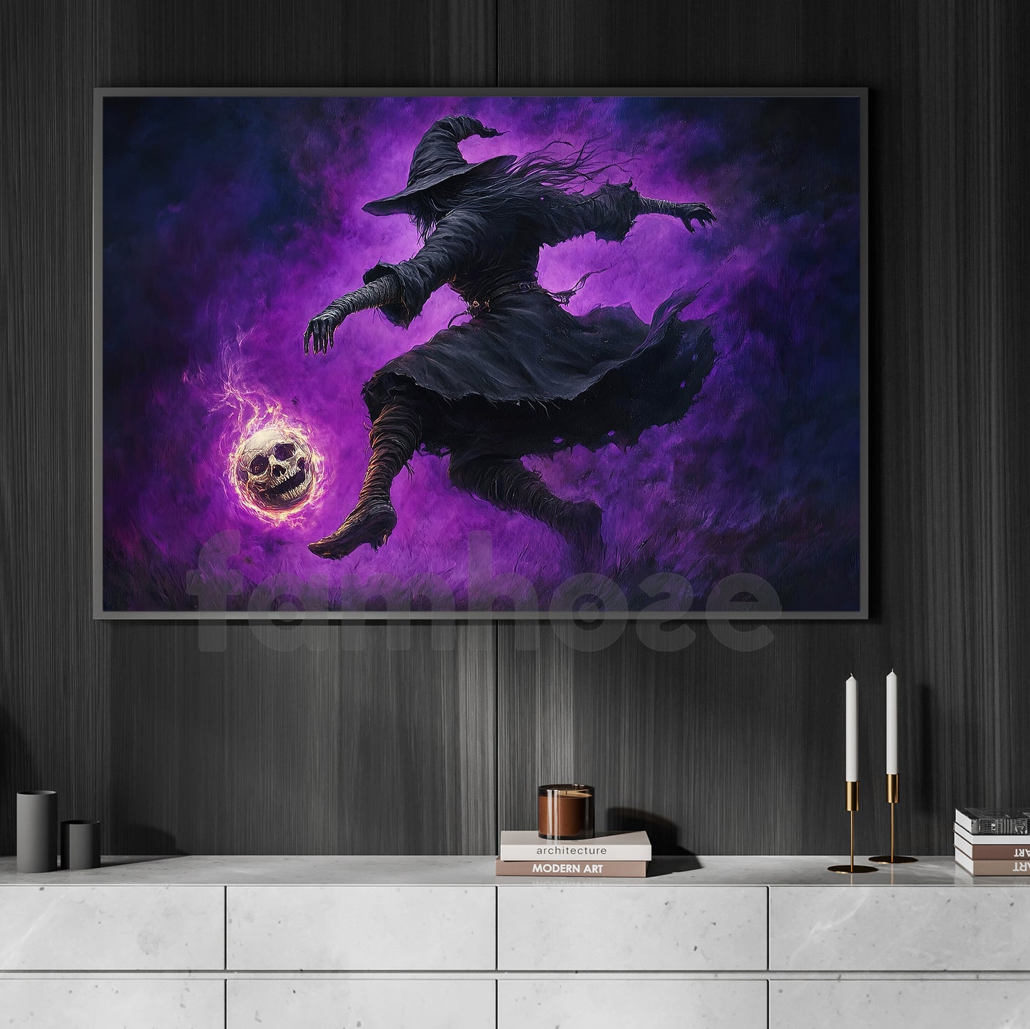 Halloween Witch Soccer Canvas Painting, Witch’s Kick Wall Art Decor, Spooky Season Poster Gift For Witch Lovers, Soccer Lovers