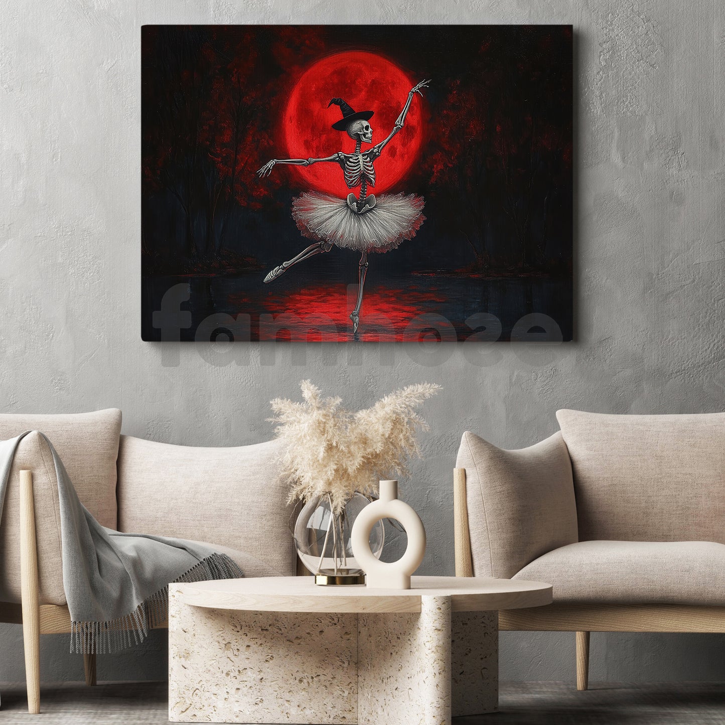 Halloween Skeleton Ballet Canvas Painting, Blood Moon Ballet Wall Art Decor, Spooky Season Poster Gift For Skeleton Lovers, Ballet Lovers