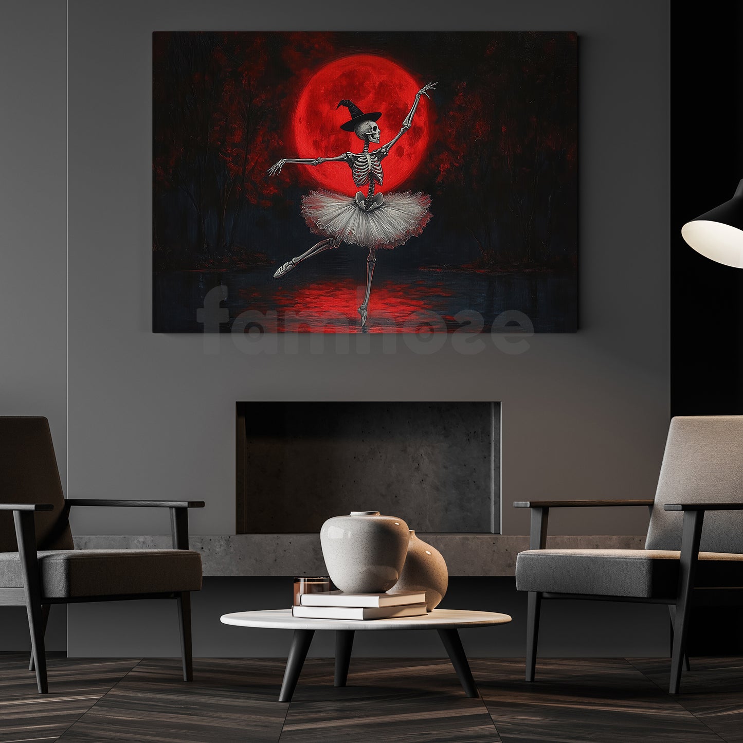 Halloween Skeleton Ballet Canvas Painting, Blood Moon Ballet Wall Art Decor, Spooky Season Poster Gift For Skeleton Lovers, Ballet Lovers