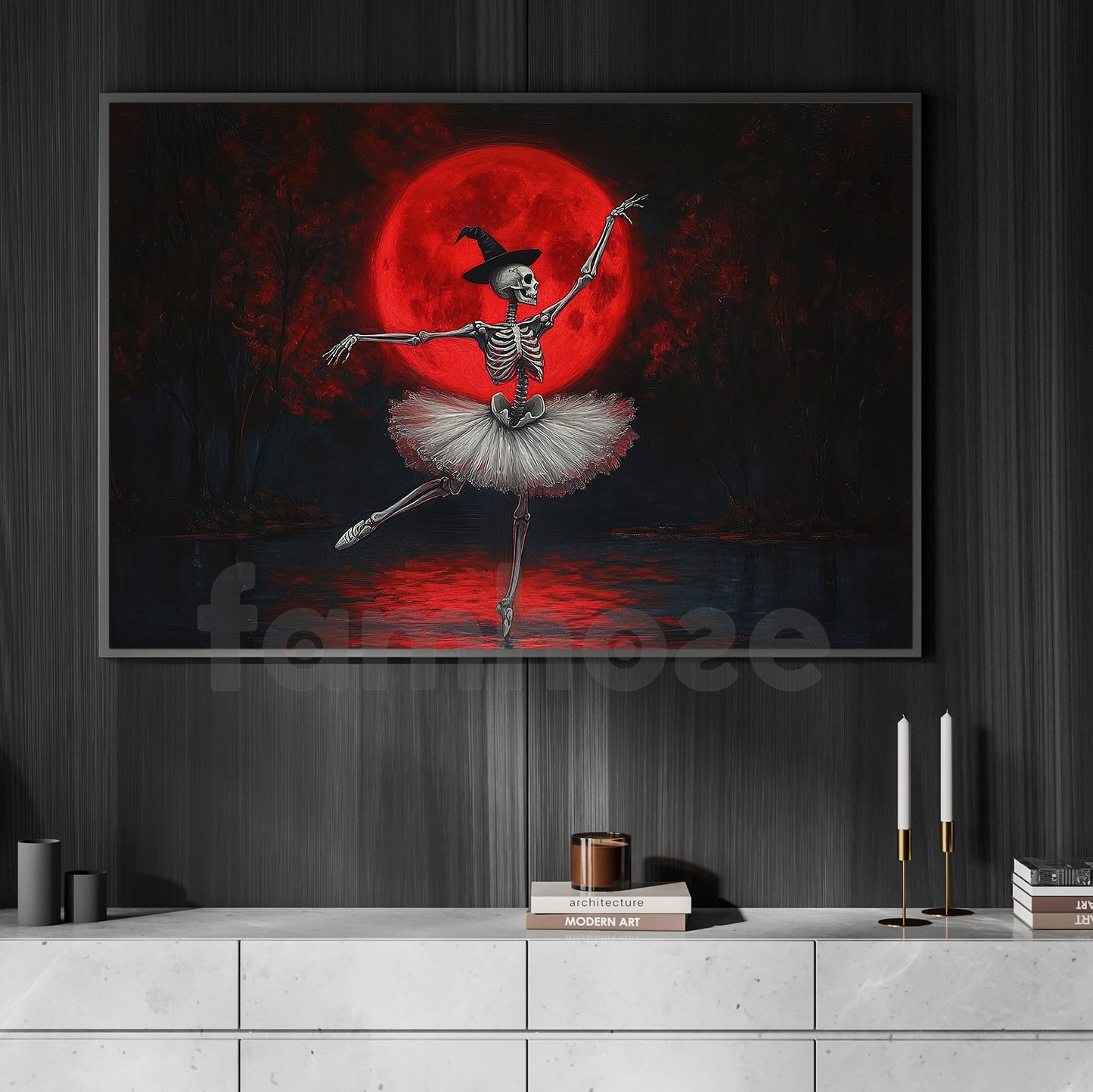 Halloween Skeleton Ballet Canvas Painting, Blood Moon Ballet Wall Art Decor, Spooky Season Poster Gift For Skeleton Lovers, Ballet Lovers