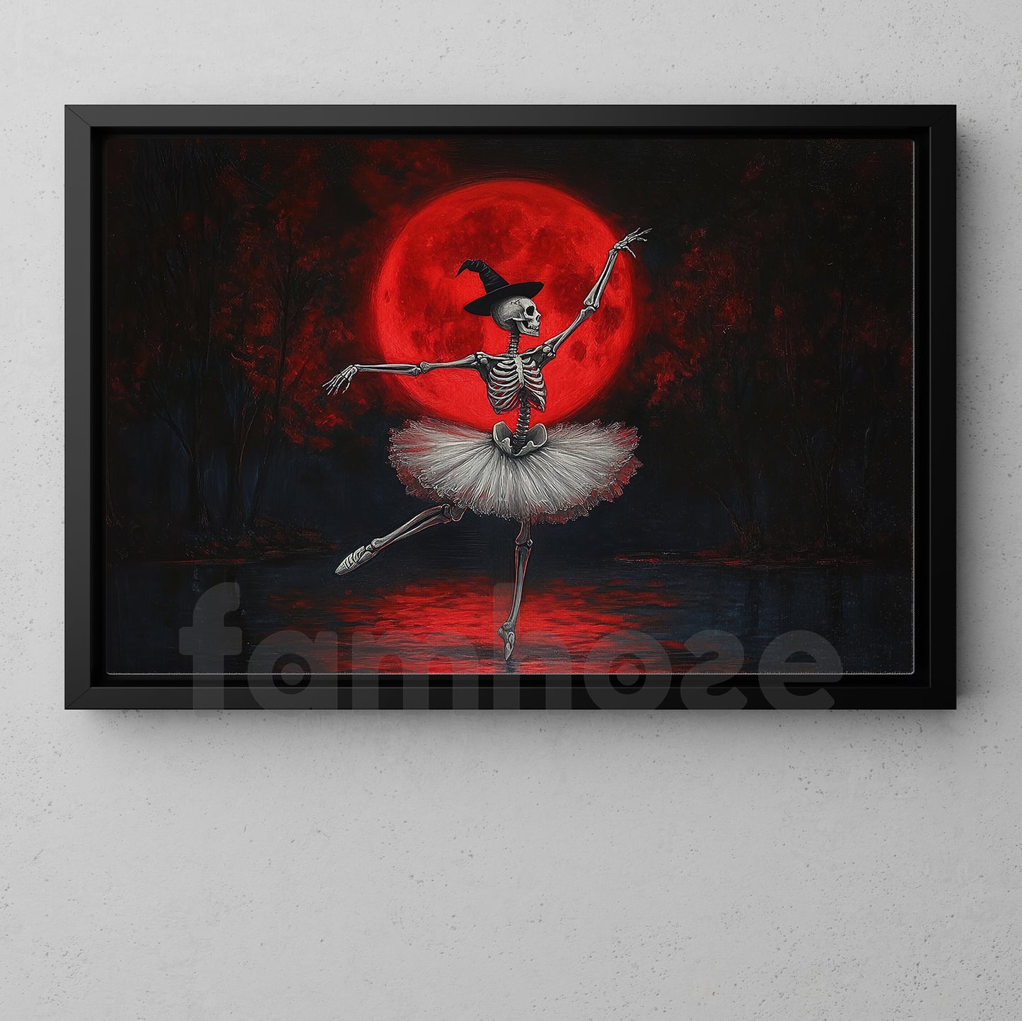 Halloween Skeleton Ballet Canvas Painting, Blood Moon Ballet Wall Art Decor, Spooky Season Poster Gift For Skeleton Lovers, Ballet Lovers
