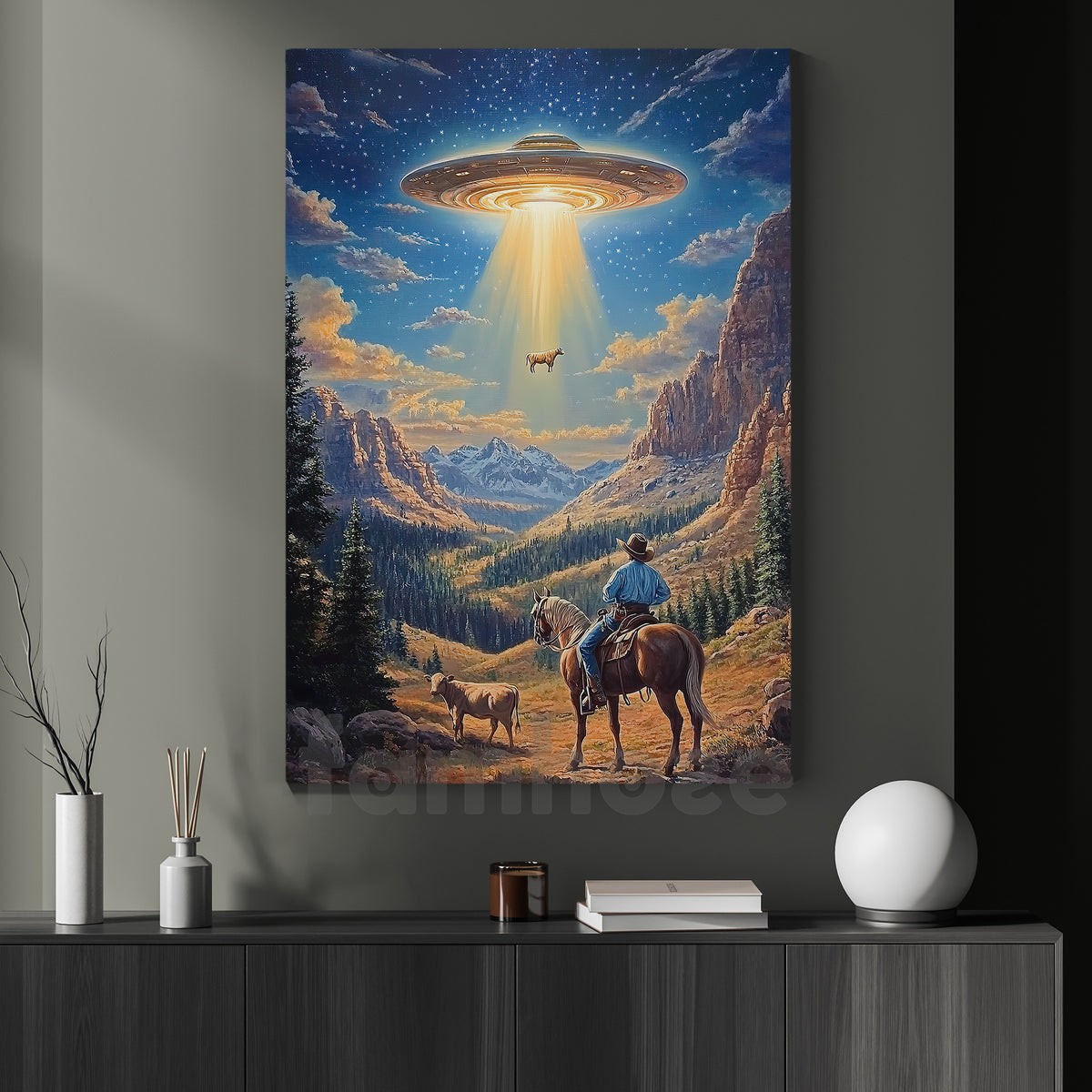 Vintage UFO Cowboy Oil Canvas Painting, Cowboy vs Aliens Wall Art Deco ...
