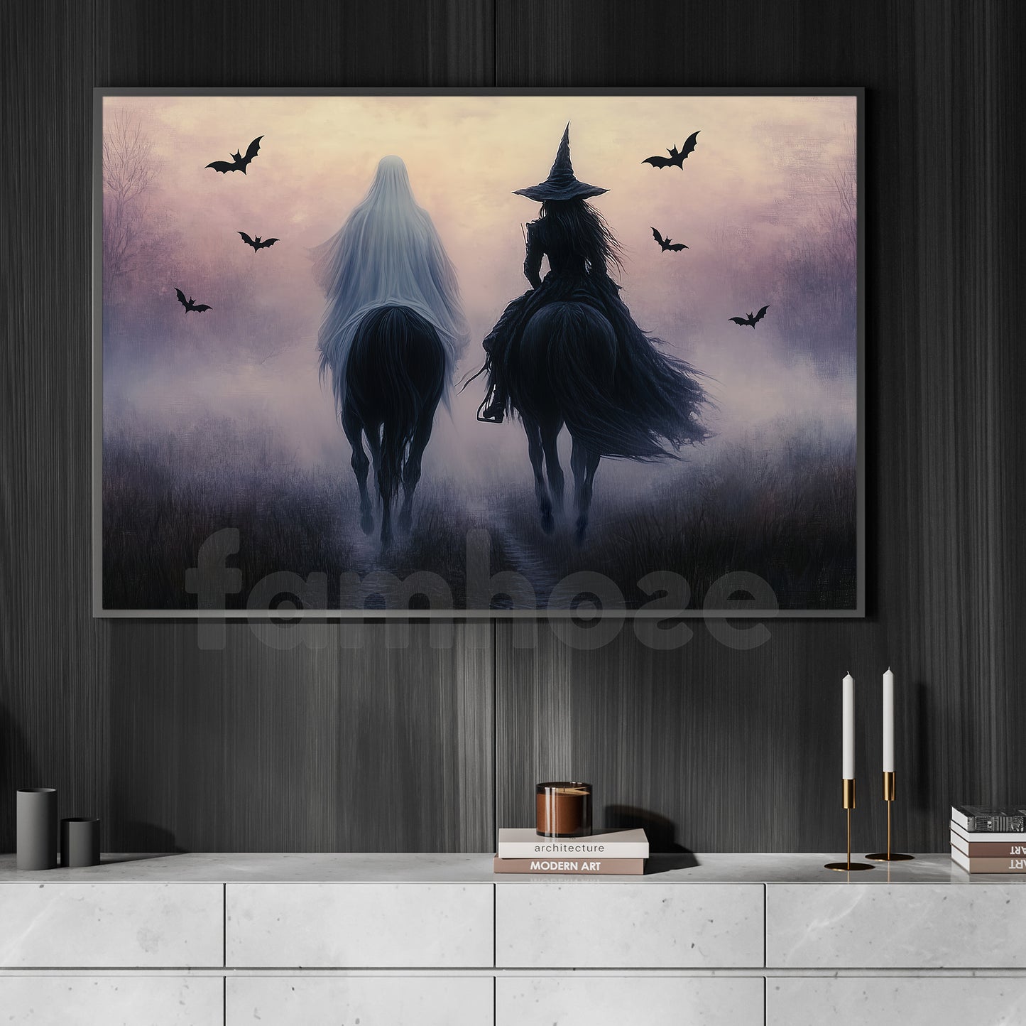 Halloween Witch & Ghost Riding Horse Canvas Painting, The Herd of Forgotten Names Wall Art Decor, Spooky Season Poster Gift For Witch Lovers, Ghost Lovers, Horse Riding Lovers