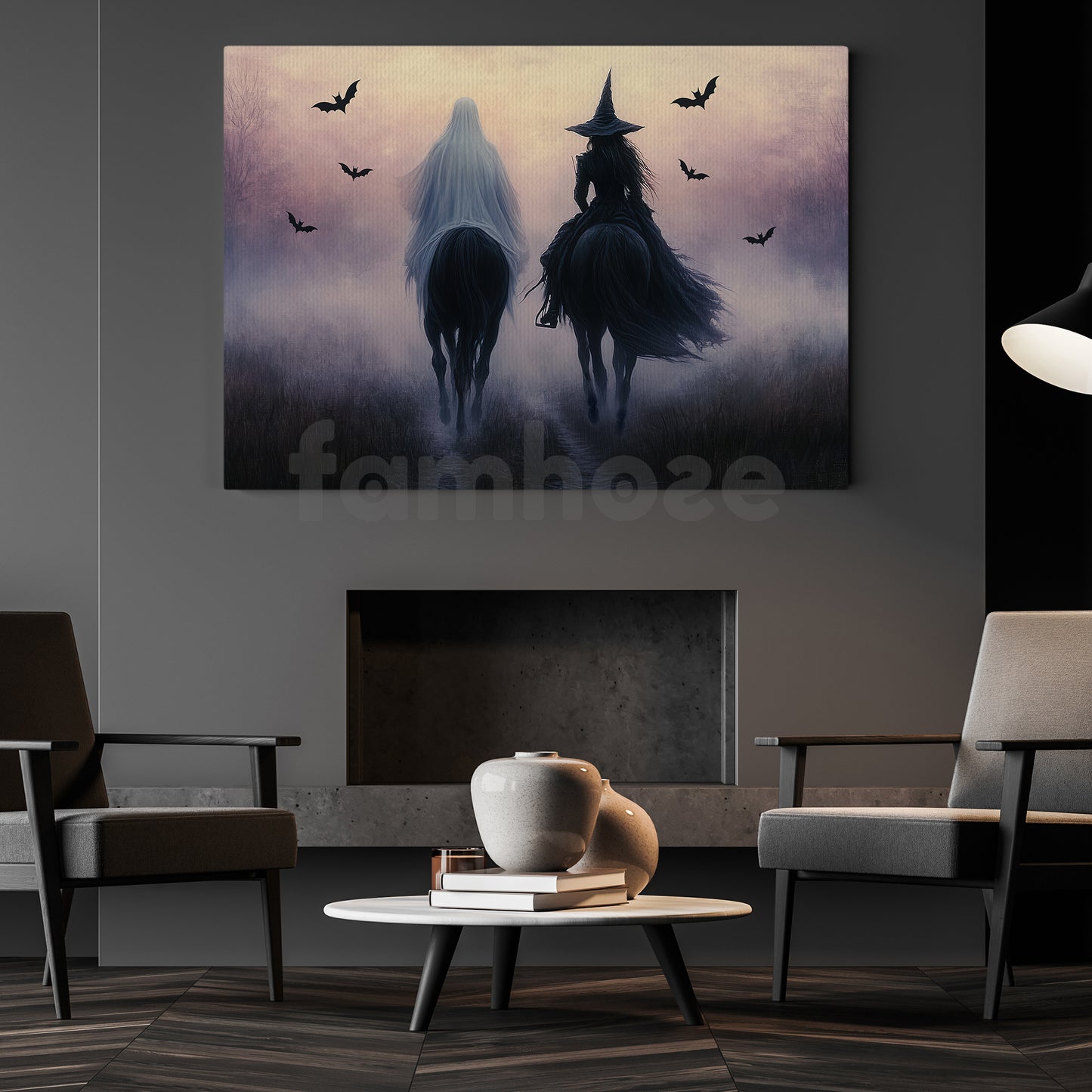 Halloween Witch & Ghost Riding Horse Canvas Painting, The Herd of Forgotten Names Wall Art Decor, Spooky Season Poster Gift For Witch Lovers, Ghost Lovers, Horse Riding Lovers