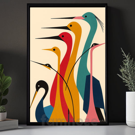 Vibrant Crane Canvas Painting, Geometric Crane Wall Art Decor, Poster Gift For Wild Animal Lovers