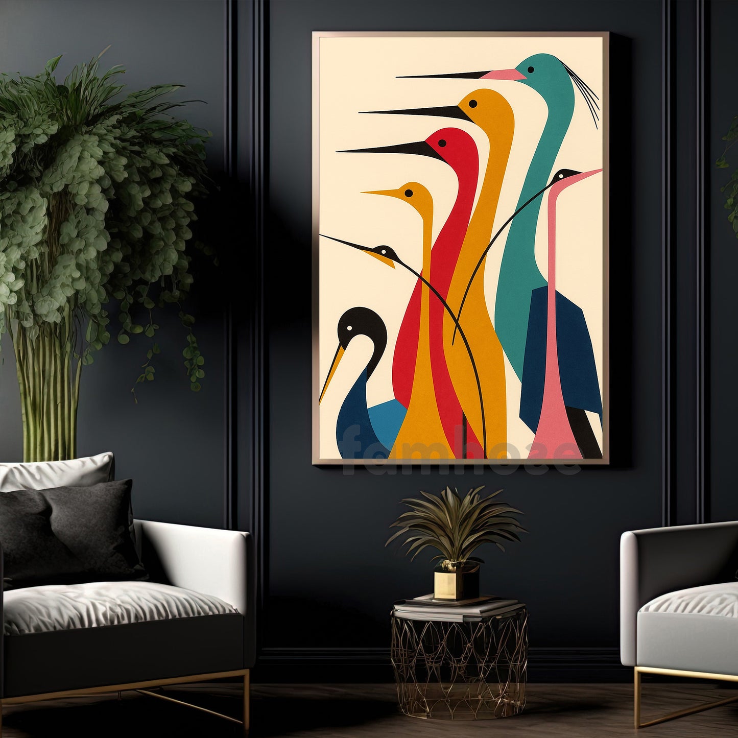 Vibrant Crane Canvas Painting, Geometric Crane Wall Art Decor, Poster Gift For Wild Animal Lovers