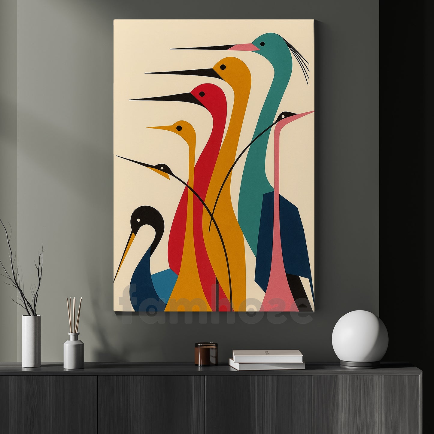 Vibrant Crane Canvas Painting, Geometric Crane Wall Art Decor, Poster Gift For Wild Animal Lovers