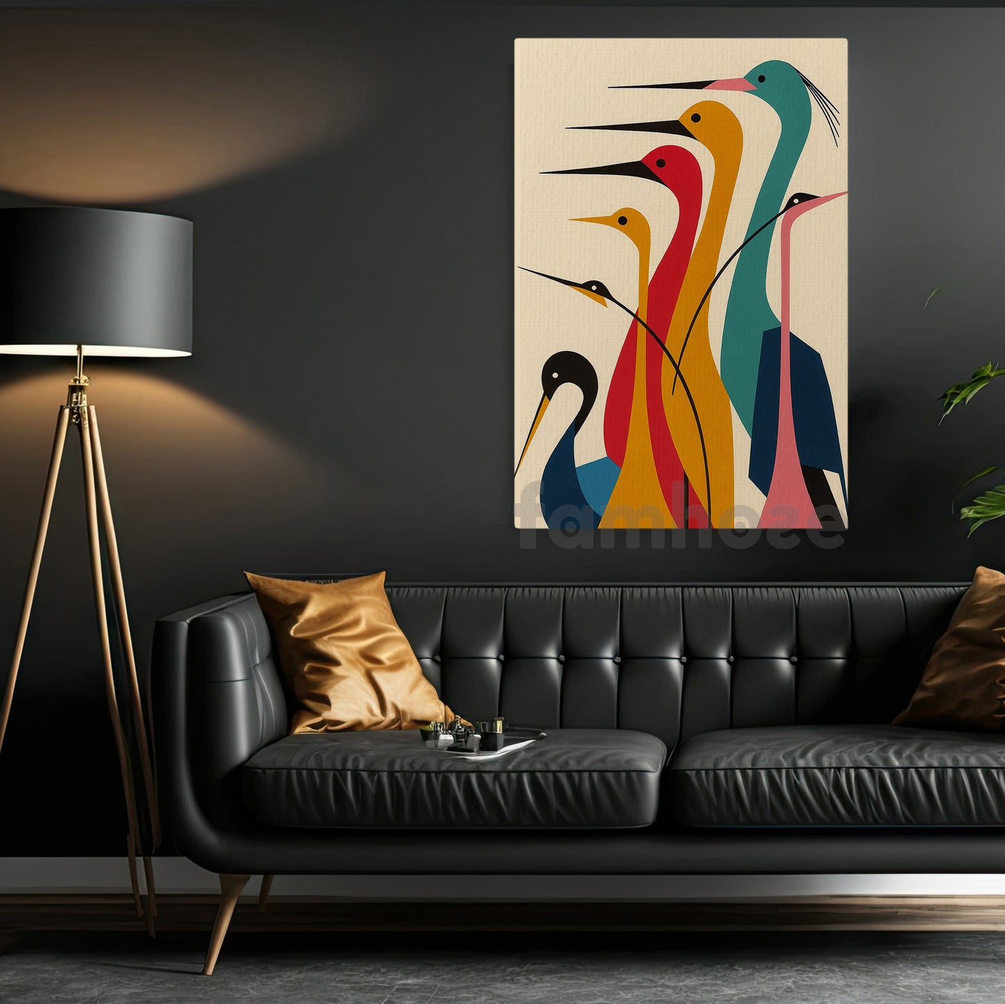 Vibrant Crane Canvas Painting, Geometric Crane Wall Art Decor, Poster Gift For Wild Animal Lovers