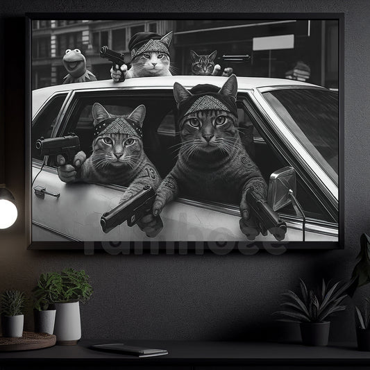 Funny Cat Canvas Painting, Gangster Cats Wall Art Decor, Poster Gift For Cat Lovers