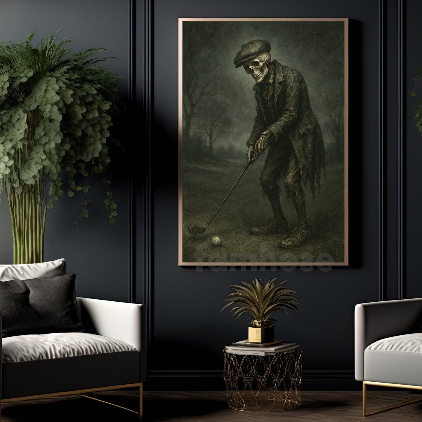 Halloween Golf Skeleton Canvas Painting, Skeleton Golfer Wall Art Decor, Spooky Season Poster Gift For Golf Lovers