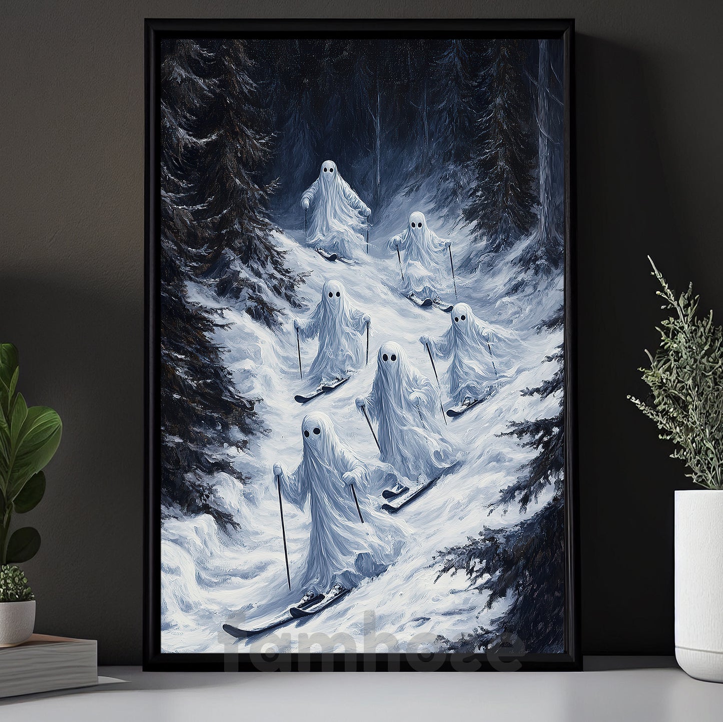 Halloween Skiing Boo Canvas Painting, Haunted Ski Team Wall Art Decor, Spooky Season Poster Gift For Skiing Lovers