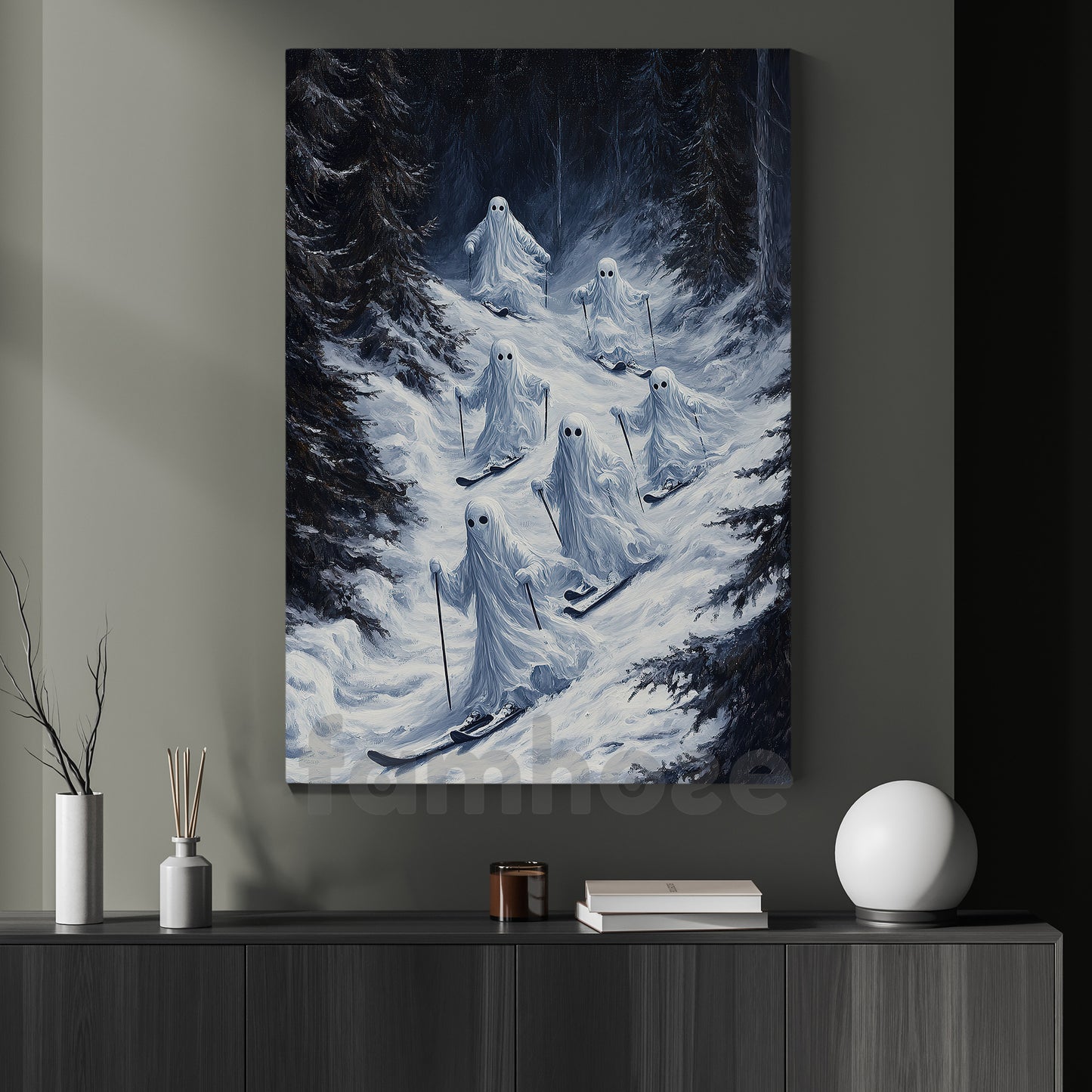 Halloween Skiing Boo Canvas Painting, Haunted Ski Team Wall Art Decor, Spooky Season Poster Gift For Skiing Lovers